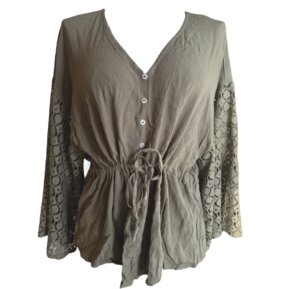 Magnolia Olive Crochet Sleeve Button Down V-Neck Blouse S/M Small Medium Green